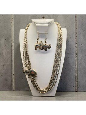 Vintage Silver-Tone Metal 6 Strand Elephant Necklace Matching Earrings